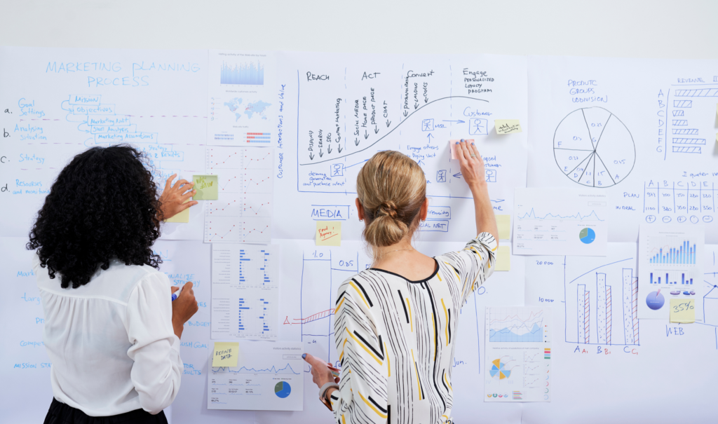 Business owners reviewing a marketing strategy and planning audit